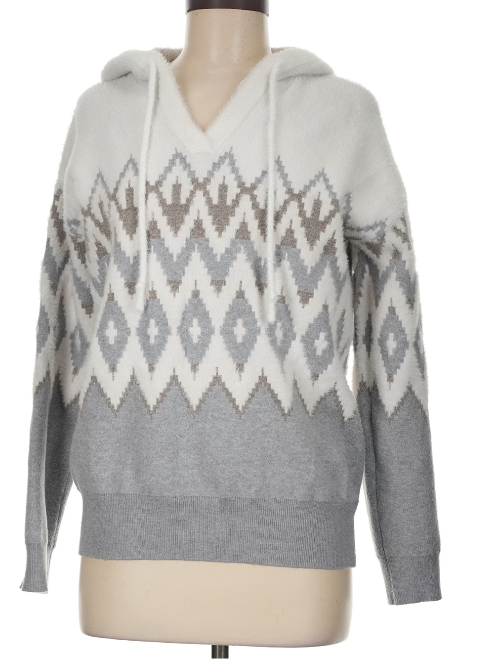 Rachel Zoe Cream and Gray Patterned V-Neck Sweater- Hooded- XL